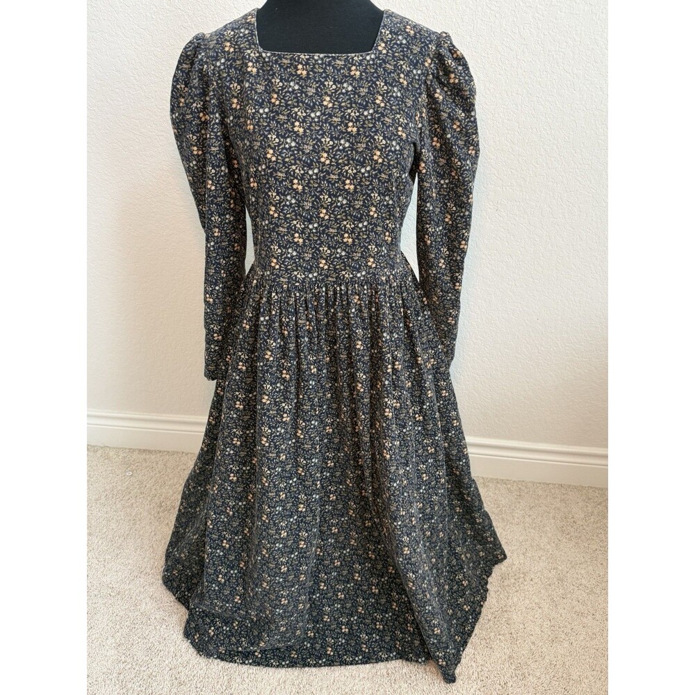 Laura Ashley VTG 80s Dress Dark Micro-Corduroy Sz 6 Floral Prairie Cottagecore
